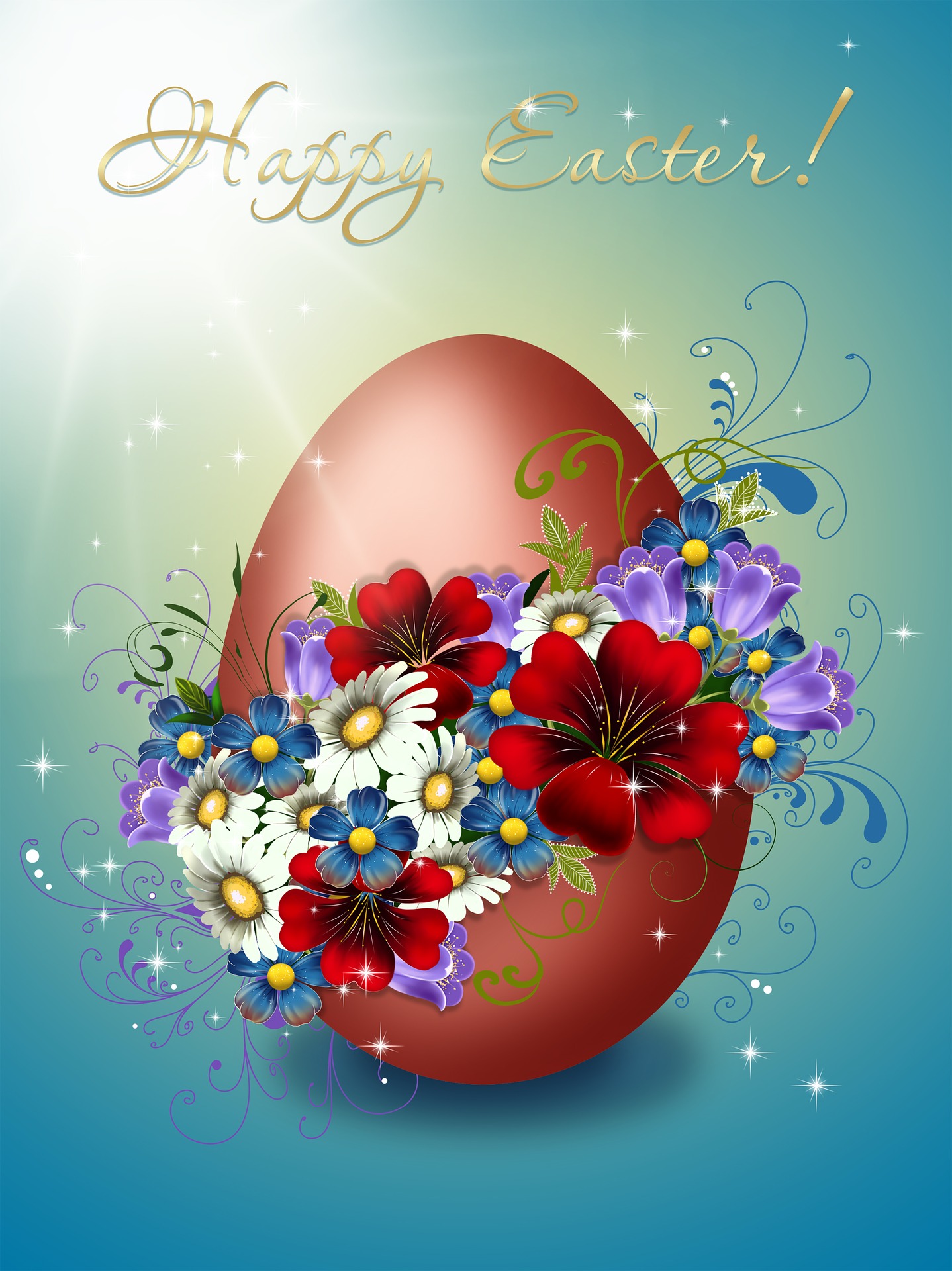 Jajko w kolorze bordowym ozdobione wieloma kwiatami na jasnoniebieskim tle